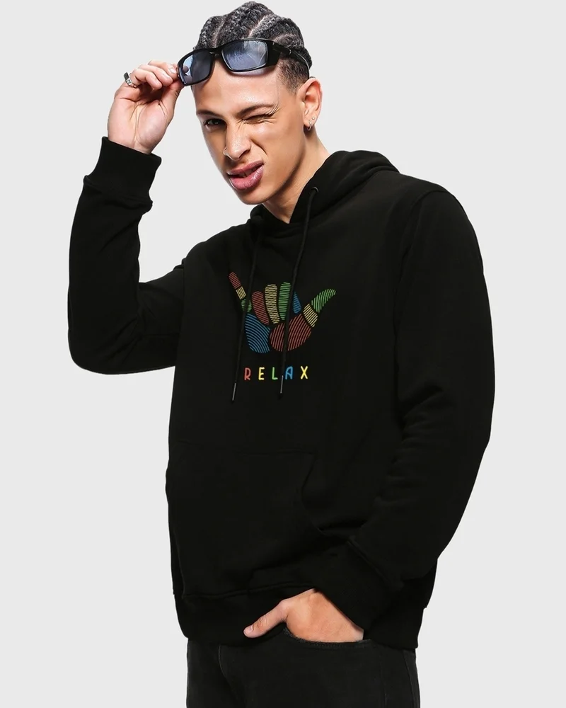 bewakoof Men's Black Relax Graphic Printed Hoodies